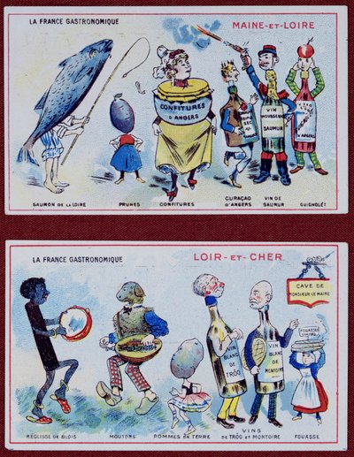 Werbe- und Bildungskarten für Kinder, die Lebensmittelspezialitäten der Regionen Maine-et-Loire und Loir-et-Cher darstellen, ca. 1910 von French School