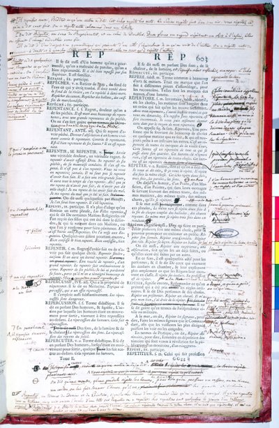 Korrekturseite einer Ausgabe des Wörterbuchs der Französischen Akademie (Tinte auf Papier) von French School