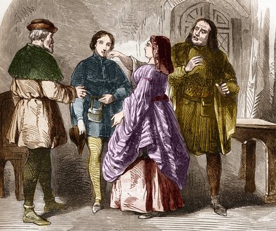 Prostitutionsszene in Paris am Ende des Mittelalters, Gravur in „Die Geschichte der Prostitution und Ausschweifung“ von Dr. Th. -F. Debray, 1879 von French School