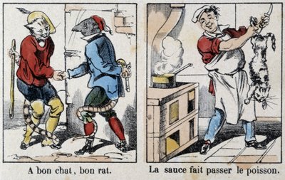 Sprichwörter in Bildern von Epinal: „Eine gute Katze, gute Ratte“ und „Die Soße passiert den Fisch“ - Bild von Epinal, n.d. von French School