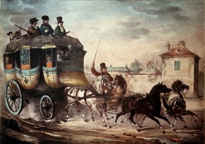 Öffentlicher Verkehr: Postkutsche der Linie zwischen Paris und Meaux. Illustration von Villain im Jahr 1824. Compiègne, Schlossmuseum von French School