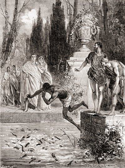 Publius Vedius Pollio, römischer Ritter, füttert einen Sklaven seinen Muränen, aus Les Merveilles de la Science, veröffentlicht ca. 1870 von French School