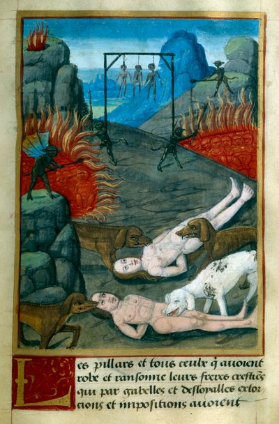 Strafe für Diebe und Plünderer in der Hölle, sie werden gehängt, verbrannt und von Hunden gefressen. Miniatur aus „Le Tresor de Sapience“ von Jean Gerson (1363-1429) 15. Jahrhundert Chantilly, Musee Conde von French School