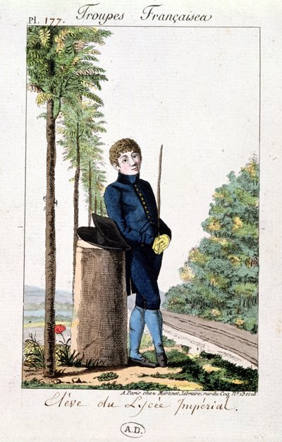 Schüler des Lycee Imperial in Paris lehnt an einem Baum, Platte 177 aus Troupes Francaises, ca. 1805-10 von French School