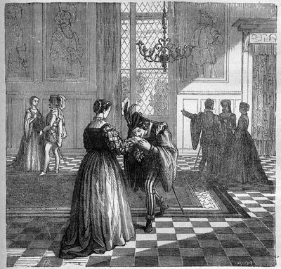 Königin Margarete von Navarra (1492-1549) trifft Pomini. Gravur in „Die Geschichte der Prostitution und Ausschweifung unter allen Völkern der Welt von der Antike bis zur Gegenwart“ von Dr. Th. -F. Debray. 1879. von French School