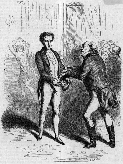 Rastignac schwindelig lässt den weißhaarigen Mann zehn Louis nehmen. Gravur Mitte des 19. Jahrhunderts. Illustration für „Der Vater Goriot“ von Honore de Balzac (1799-1850). von French School