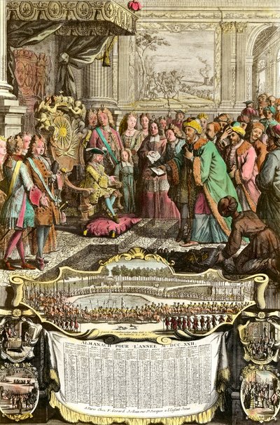 Empfang von Mehemet Effendi, türkischer Botschafter des großen Sultans Achmet, durch Ludwig XV. am 21. März 1721 in den Tuilerien. Gravur des 18. Jahrhunderts. Private Sammlung. von French School