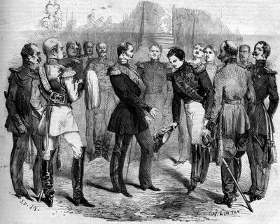 Empfang des französischen Kaisers Napoleon III. (1808-1873) durch den russischen Zaren Alexander II. (1818-1881) in Warschau (Polen) von French School
