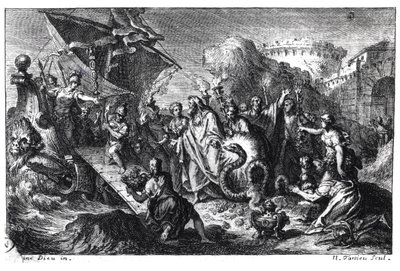 Reinkarnation des Asklepios als Schlange zur Zeit der Ankunft seines Kultes in Rom aus Griechenland im Jahr 293 v. Chr. von French School