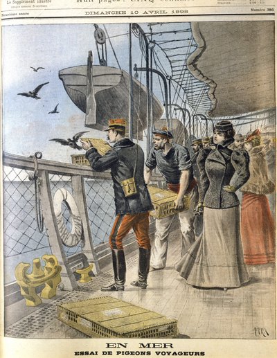 Freilassung französischer Armeebrieftauben an Bord des transatlantischen Liners La Bretagne zwischen Le Havre und New York von French School