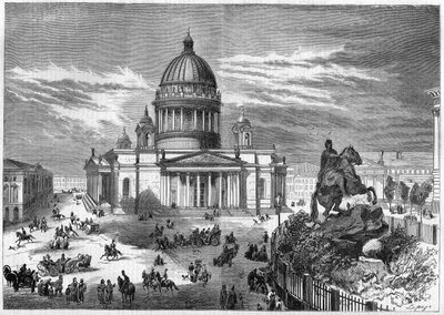 Religiöse Architektur: Ansicht der orthodoxen Kirche des Heiligen Isaak (1819-1858) in Sankt Petersburg (Sankt Petersburg) in Russland, erbaut nach den Plänen des Architekten Ricard de Montferrand (1786-1858). Rechts ist die Reiterstatue von Peter dem Groß von French School