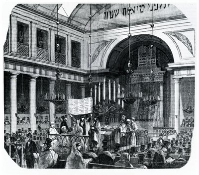 Religiöse Zeremonie in der alten Pariser Synagoge für Rosch Haschana, Illustration aus Le Tableau de Paris von Edmond Texier, veröffentlicht in Paris, 1852 von French School