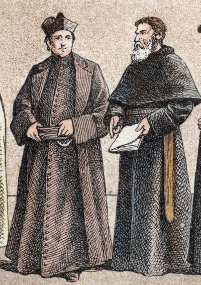 Religiöse Kostüme: Porträt eines Jesuiten und eines Assumptionistenbruders (Mitglied der Kongregation der Augustiner von der Himmelfahrt), Gravur von French School