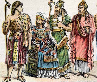 Religiöse Kostüme in der Antike: Porträt eines ägyptischen Hohepriesters, eines hebräischen Hohepriesters, eines assyrischen Königs in Amtstracht und eines phönizischen Priesters, Gravur von French School