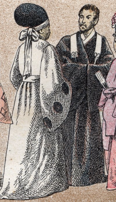 Religiöse Kostüme in Asien: Zwei Shinto-Priester aus Japan von French School