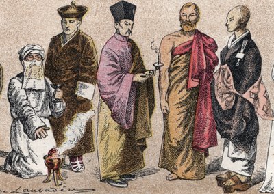 Religiöse Kostüme Asiens: Porträt eines Parsi-Priesters, Lama, chinesischer buddhistischer Priester, Ceylon-Bonze und japanischer buddhistischer Priester von French School