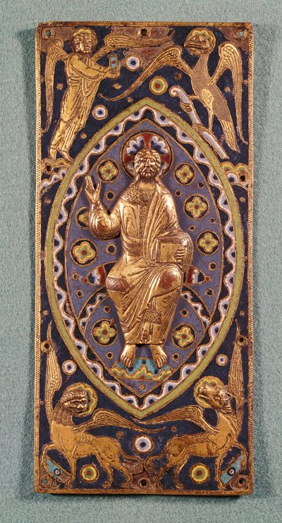 Reliquienplakette, die Christus mit den Symbolen der Evangelisten darstellt (emailliertes Kupfer) von French School