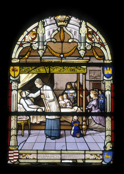 René de Neval, Leutnant des Königs und Oberst der Nachhut in Niederbretagne, starb am 13.04.1676, voller Verdienste und Tugenden in seinem Schloss von Neval, beweint von seinen Vasallen - Buntglasfenster der Kirche St. Germain in Kerlaz von French School