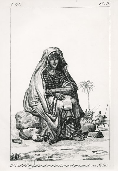Rene Caille studiert den Koran und macht Notizen, aus Journal dun voyage a Tombouctou von Rene Caillie, 1830 von French School