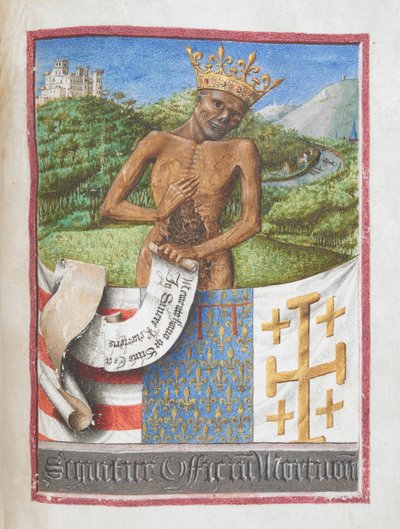 René, Herzog von Anjou als gekröntes Skelett, aus dem Stundenbuch von René von Anjou von French School