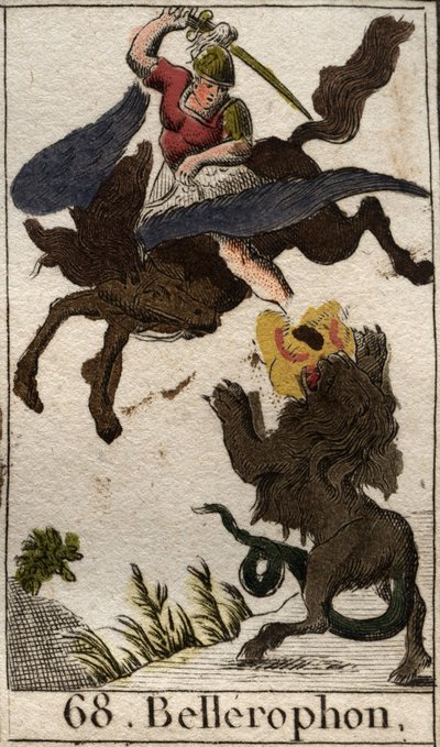 Darstellung von Bellerophon, der auf Pegasus die Chimäre tötet. Aus „Mythologie der Jugend“ von Pierre Blanchard 1803 von French School