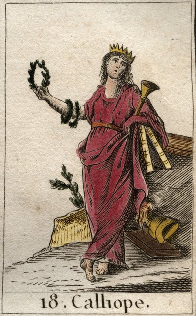 Darstellung von Kalliope, Muse der epischen Dichtung, sie hält eine Krone und die Trompete des Epos in der Hand. Aus „Mythologie der Jugend“ von Pierre Blanchard 1803. von French School