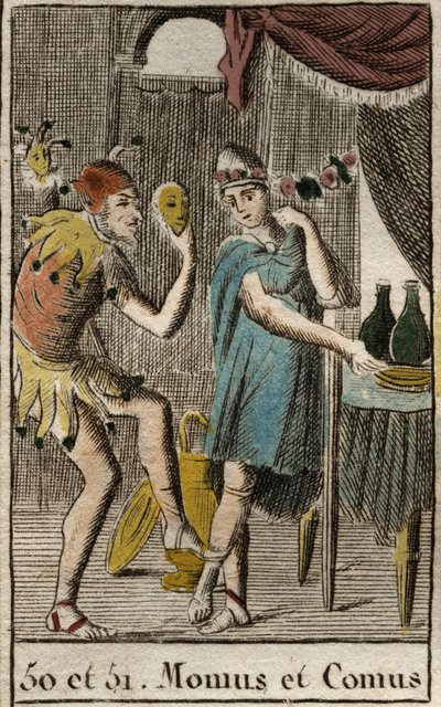 Darstellung von Komus, Gott der Gourmets und der Küche, er leitet Feste, dargestellt lehnt er sich an einen Pfahl mit einer Fackel und Momos, Personifikation des Spottes und Sarkasmus, dargestellt als Hofnarr. Aus 
