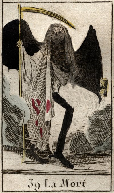 Darstellung des Todes, Skelett in Schwarz gekleidet und geflügelt, er hält eine große Sense. Aus „Mythologie de la jeunesse“ von Pierre Blanchard 1803. von French School