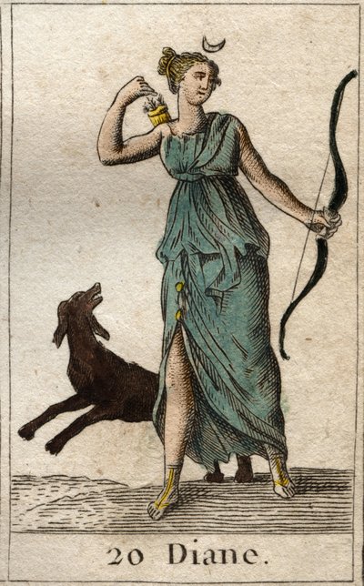 Darstellung von Diana, Göttin der Jagd, sie hält einen Bogen und Pfeile. Aus „Mythologie der Jugend“ von Pierre Blanchard 1803. von French School