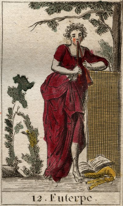 Darstellung von Euterpe, Muse der Musik, umgeben von Musikbüchern und spielend auf einer Doppelflöte (Aulos). Aus „Mythologie der Jugend“ von Pierre Blanchard 1803 von French School