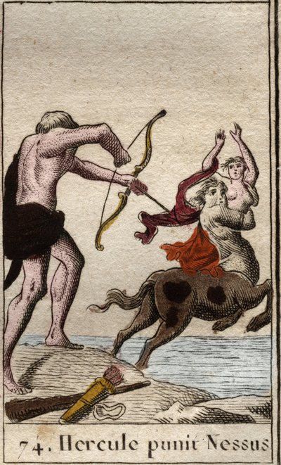 Darstellung von Herkules, der einen vergifteten Pfeil auf den Zentauren Nessus abschießt, der versucht, seine Frau Deianira zu entführen. Aus „Mythologie der Jugend“ von Pierre Blanchard 1803 von French School
