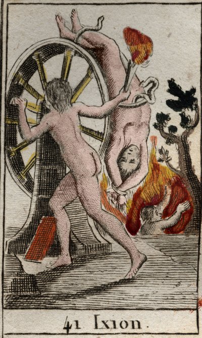 Darstellung von Ixion, bestraft von den Göttern, er ist dazu verurteilt, an ein brennendes Rad gekettet zu sein, das sich endlos dreht. Aus „Mythologie der Jugend“ von Pierre Blanchard 1803. von French School