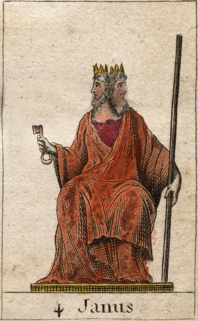 Darstellung von Janus, Gott des Anfangs und der Übergänge, dargestellt mit zwei Gesichtern. Aus „Mythologie der Jugend“ von Pierre Blanchard 1803 von French School