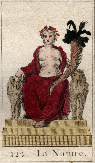 Darstellung der Natur als Frau auf einem Thron mit einem Füllhorn und vielen Brüsten, um alle Wesen zu ernähren. Aus „Mythologie der Jugend“ von Pierre Blanchard 1803 von French School