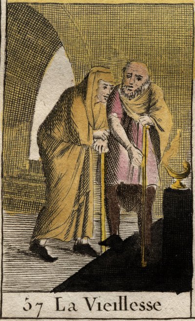 Darstellung des Alters, alte Frau, die sich auf einen Stock stützt. Aus „Mythologie der Jugend“ von Pierre Blanchard 1803 von French School