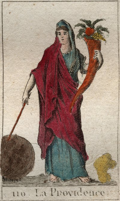 Darstellung der Vorsehung, als alte Frau, die ein Füllhorn, einen Stock und einen Globus hält. Aus „Mythologie de la jeunesse“ von Pierre Blanchard 1803. von French School
