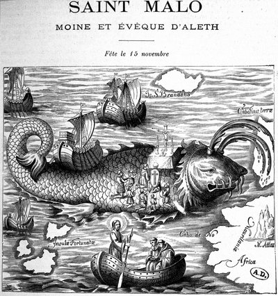 Darstellung von Saint Malo (Saint Maclou) auf dem Rücken eines Wals, dargestellt nach der Art von Saint Brendan (Brandan) von Clonfert oder Breanainn von Clonfert (ca. 484-577/578) - Stich von French School