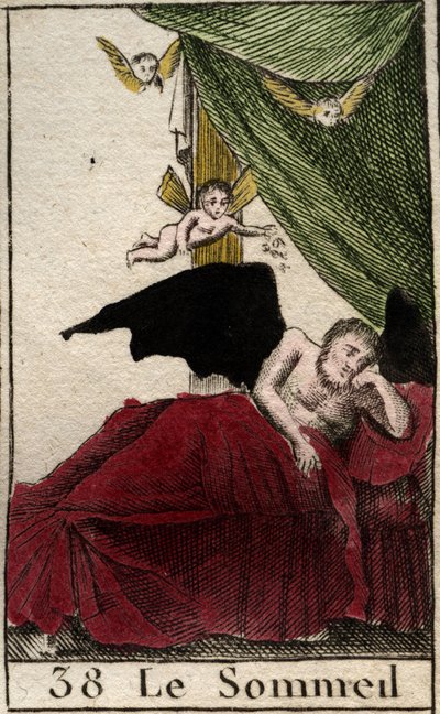 Darstellung von Schlaf, der ewig in einem Palast ruht, umgeben von geflügelten Träumen. Aus „Mythologie der Jugend“ von Pierre Blanchard 1803 von French School