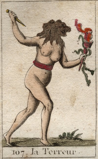 Darstellung des Schreckens als Frau mit einem Löwenkopf, die ein Messer und Schlangen hält. Aus „Mythologie der Jugend“ von Pierre Blanchard 1803 von French School