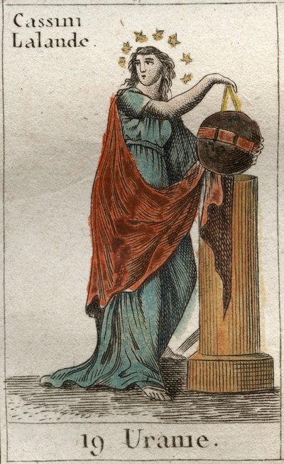 Darstellung von Urania, Muse der Astronomie und Astrologie, sie hält einen Globus und einen Zirkel. Aus „Mythologie der Jugend“ von Pierre Blanchard 1803 von French School