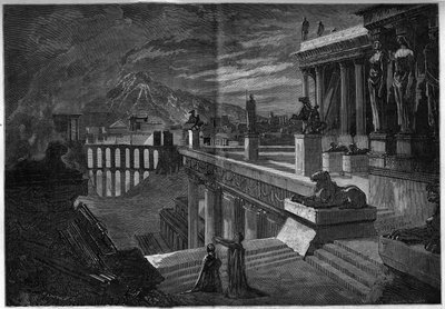 Darstellung einer Oper: „Herculanum“ auf einem Libretto von Joseph Méry (1798-1866) und T. Hadot und Musik von Félicien David (1808-1876). Die Stadt Herculanum zur Zeit ihrer Zerstörung während des Ausbruchs des Vesuvs (letzte Szene des 5. Akts). von French School