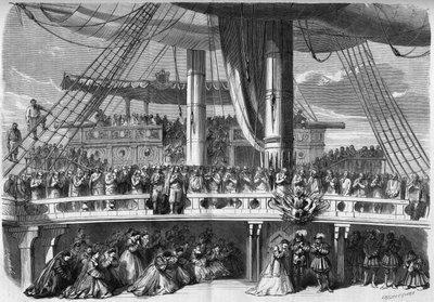 Darstellung einer Oper: Dekor des 3. Akts von „Die Afrikanerin“, basierend auf einem Libretto von Eugene Scribe und Musik von Giacomo Meyerbeer. Episode des Angelus singt auf dem Schiff. 1865. Gravur in „Le Monde Illustré“ Nr. 420 vom 2. von French School