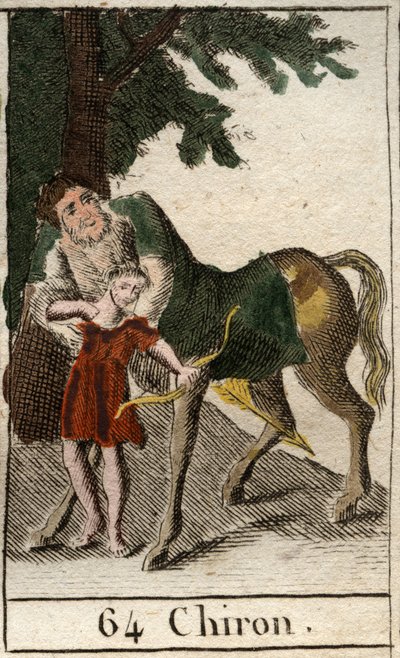 Darstellung des Zentauren Chiron, halb Mensch halb Pferd, Meister der Bogenschießkunst, er lehrt diese Kunst Achilles. Aus „Mythologie der Jugend“ von Pierre Blanchard 1803. von French School