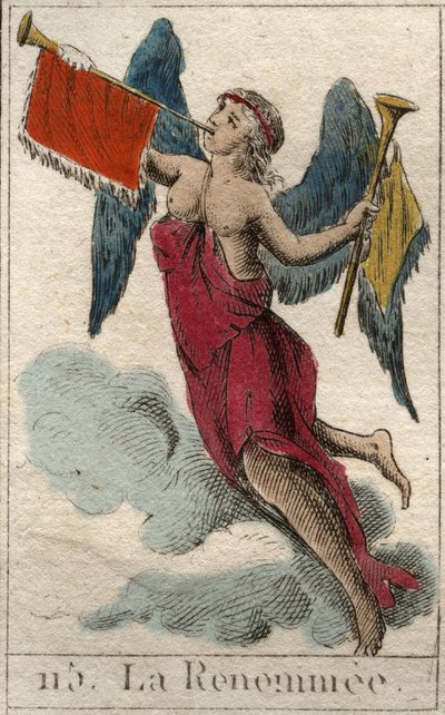 Darstellung der Pheme, Botin des Jupiter, in Form einer geflügelten Frau, die zwei Trompeten trägt, um gute und schlechte Nachrichten zu verkünden. Aus „Mythologie der Jugend“ von Pierre Blanchard 1803 von French School