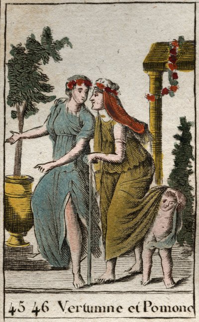 Darstellung des Gottes des Herbstes Vertumnus und Pomona, Nymphe der Früchte und des Gartens. Vertumnus nimmt das Aussehen einer alten Frau an, um Pomona zu verführen. Aus „Mythologie der Jugend“ von Pierre Blanchard 1803 von French School