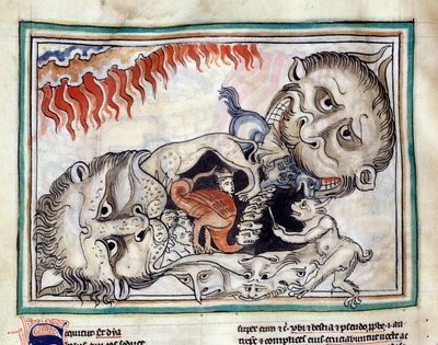 Darstellungen der Kreaturen der Unterwelt, die die Verdammten schlagen. Miniatur aus Die Apokalypse von Cambrai, illuminiert von der französischen Schule des 13. Jahrhunderts. Ms. 422. Stadtbibliothek, Cambrai von French School
