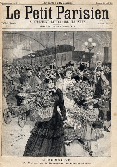 Rückkehr vom Land an einem Frühlingssonntagabend: Reisende verlassen die Züge eines Pariser Bahnhofs nach einem Spaziergang entlang der Marne oder der Seine. Frühling in Paris. In der Zeitung Le Petit Parisien am 16.04.1893 (Gravur) von French School
