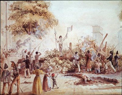 Revolution im Juli in Paris - Barrikade am Boulevard Saint Martin am 1. August von French School