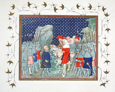 Richard II. wird in Penmaur Rhos verraten und vom Herzog von Northumberland gefangen genommen, Faksimile-Kopie aus Le Prinse et Mort du Roy Richart von Jean Creton, nachgedruckt im 19. Jahrhundert von French School