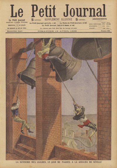 Glockenläuten der Giralda, Glockenturm der Kathedrale von Sevilla, am Ostersonntag (Farblithografie) von French School